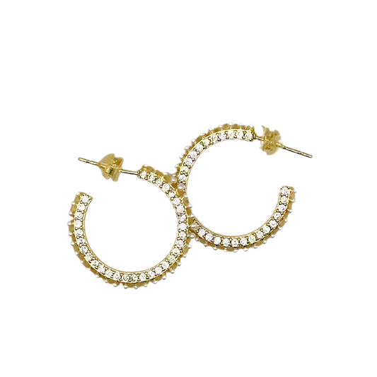 Yellow Gold Pearl Encrusted Open Flat Hoops