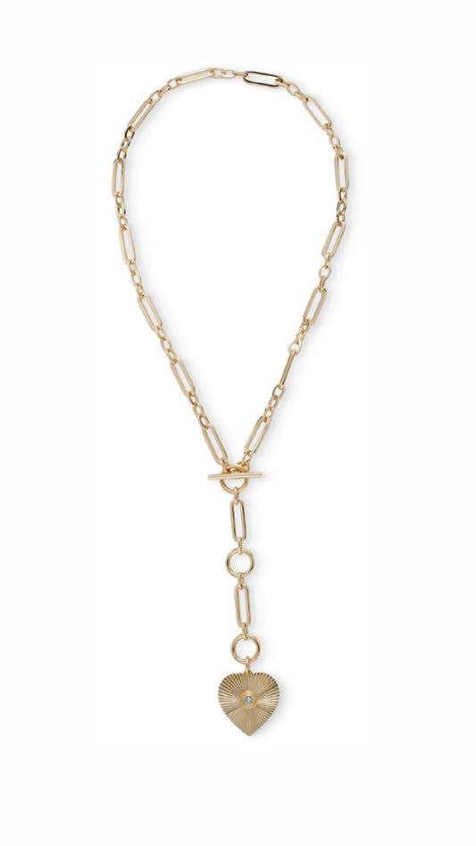Yellow Gold Lariat Ribbed Heart Chain Necklace