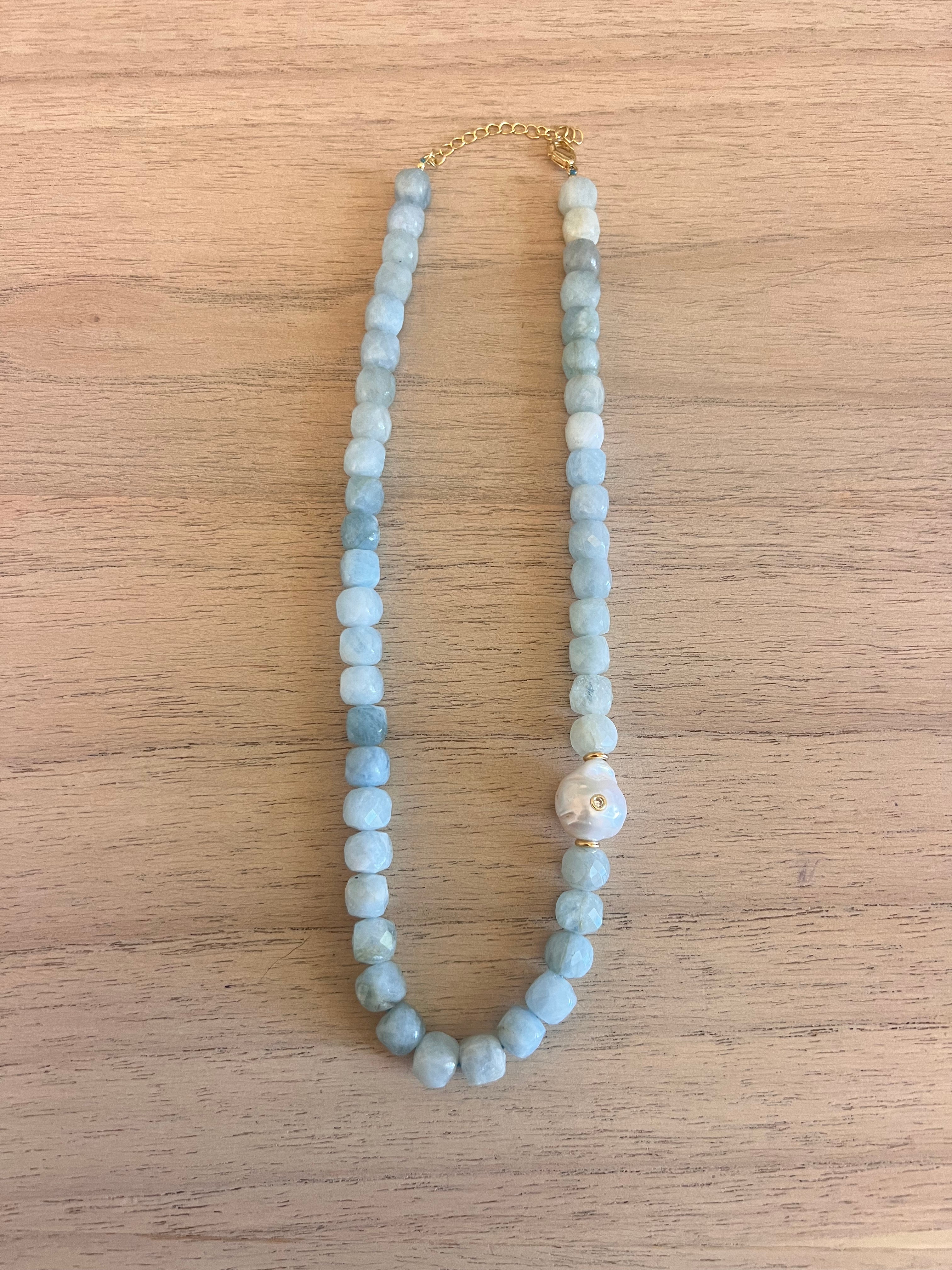 Aquamarine Beaded Necklace with Baroque Pearl